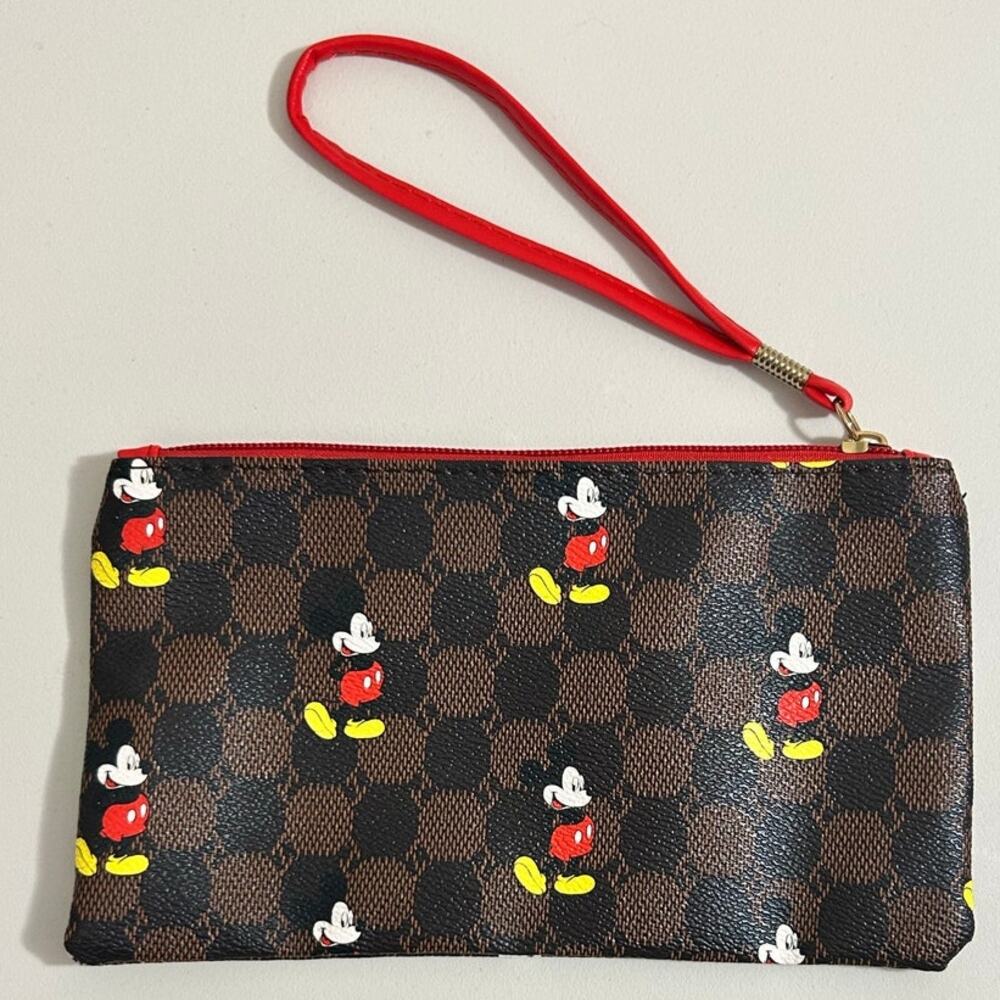 Mickey Mouse Wristlet Faux Leather Brown Checkered with Red Strap - Picture 4 of 10